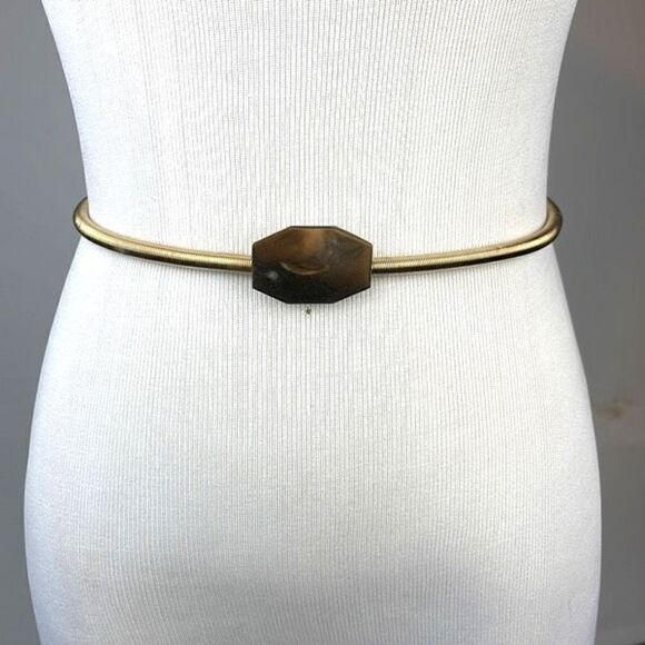 Vintage Retro Stretchable 80's Brass Gold Chain Metal Snake Belt - Picture 1 of 8